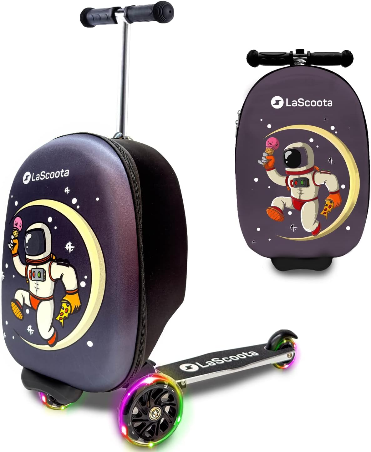 Lascoota Scooter Suitcase, Foldable Scooter Luggage For Kids - Lightweight Kids Ride on Luggage Scooter with Wheels, LED Lights - Astronaut Graphic Suitcase Scooter, Ride On Suitcase for Kids Ages 2-5