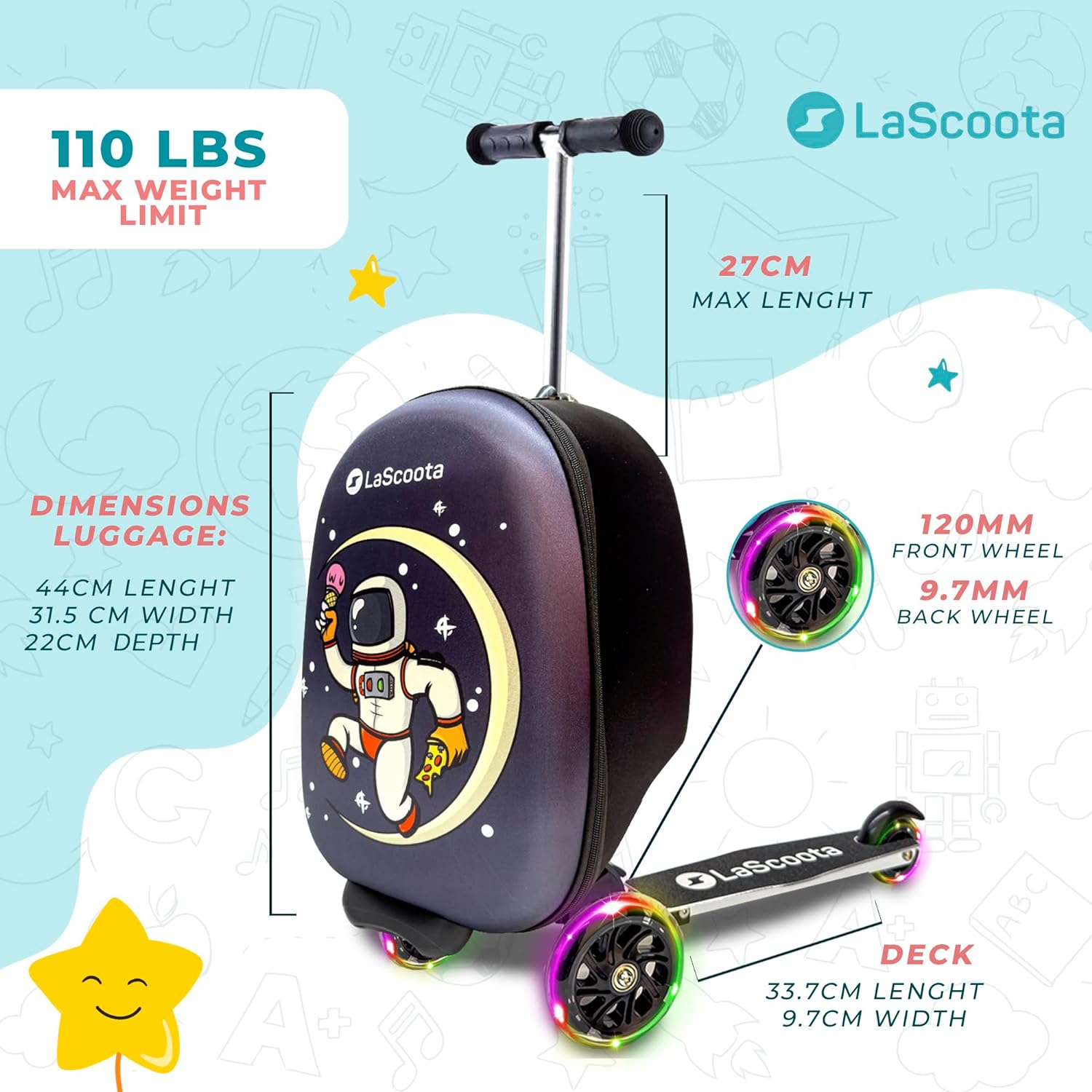 Lascoota Scooter Suitcase, Foldable Scooter Luggage For Kids - Lightweight Kids Ride on Luggage Scooter with Wheels, LED Lights - Astronaut Graphic Suitcase Scooter, Ride On Suitcase for Kids Ages 2-5