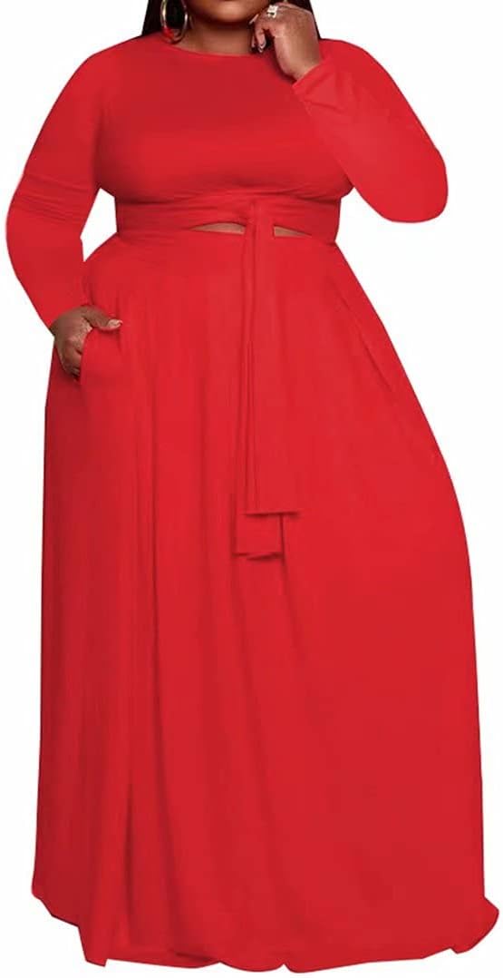 Womens Plus Size 2 Piece Dress Outfits Long Sleeve Bandage Wrap Empire Crop Tops and Skirt Sets