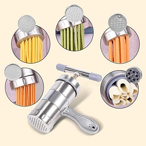 Pasta Noodle Maker, Portable Manual Operated Stainless Steel Pasta Maker Noodle Juicer Pressure Making Machine with 5 Molds