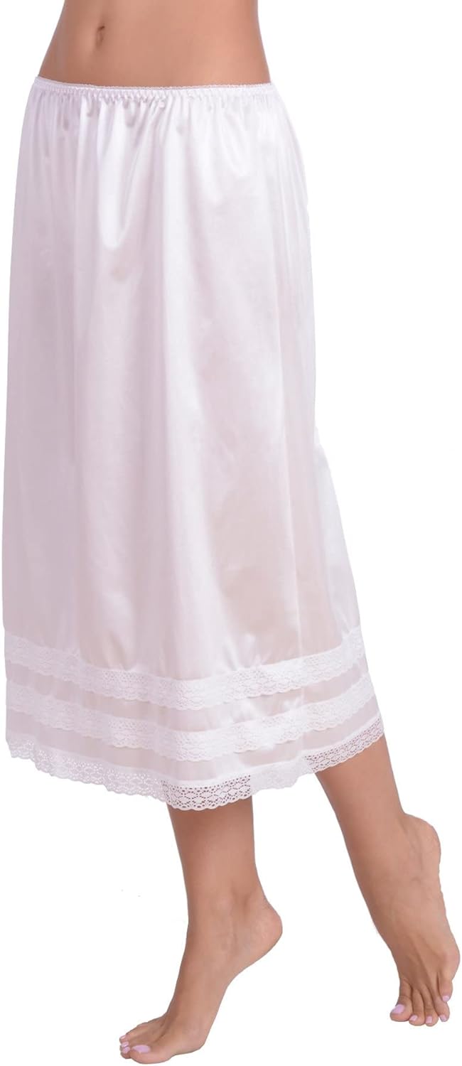Patricia Lingerie Women's Soft Satin Snip It Half Slip Custom Length Cling Free with Lace Trim, Elastic Waistband