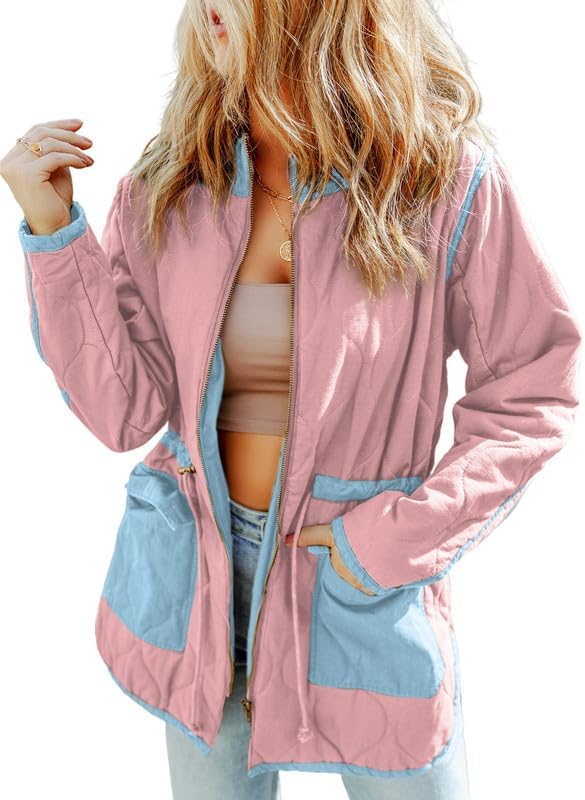 Dokotoo Womens Winter Quilted Jacket Stand Collar Zip Up Long Sleeve Drawstring Waist Contrast Coat with Pockets