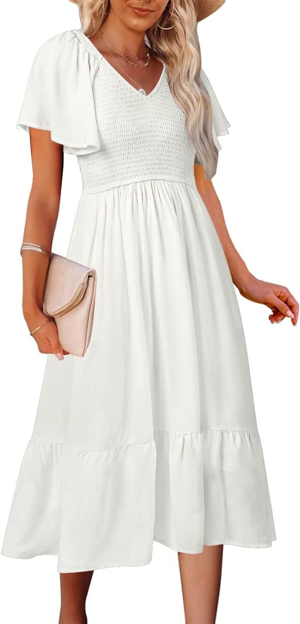 MEROKEETY Womens Summer Casual V Neck Ruffle Sleeve Smocked High Waist Midi Dress with Pockets