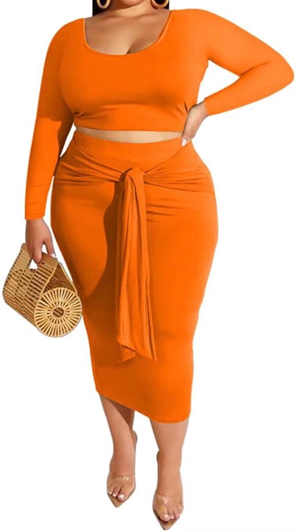 IyMoo Womens Sexy Plus Size 2 Piece Midi Dresses Outfits - Long Sleeve Sweatshirt Crop Top Bodycon Skirts Set