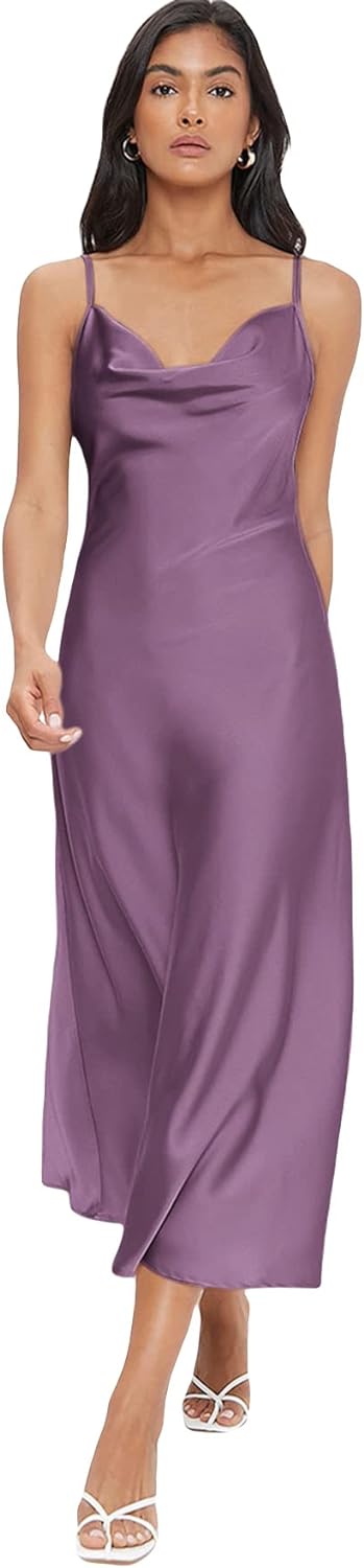 Floerns Women's Spaghetti Strap Cowl Neck Long Slip Satin Silk Midi Dress
