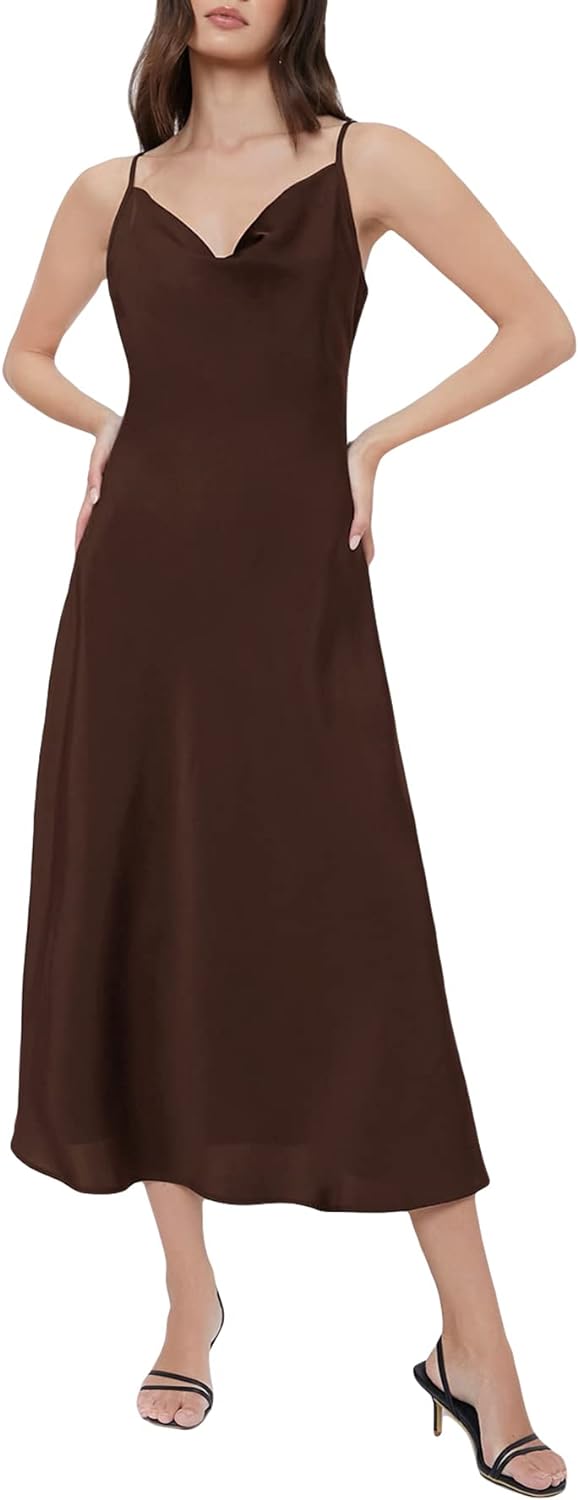 Floerns Women's Spaghetti Strap Cowl Neck Long Slip Satin Silk Midi Dress