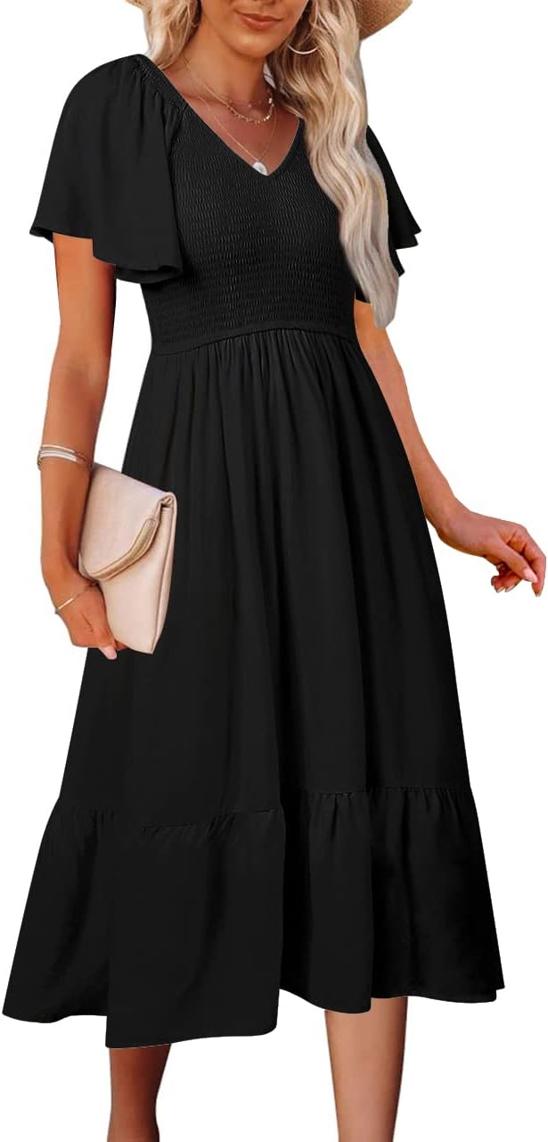 MEROKEETY Womens Summer Casual V Neck Ruffle Sleeve Smocked High Waist Midi Dress with Pockets