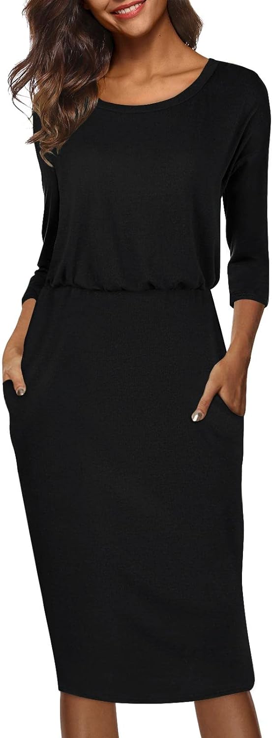 Moyabo Women's 3/4 Sleeve Round Neck Hips-Wrapped Casual Office Pencil Dress