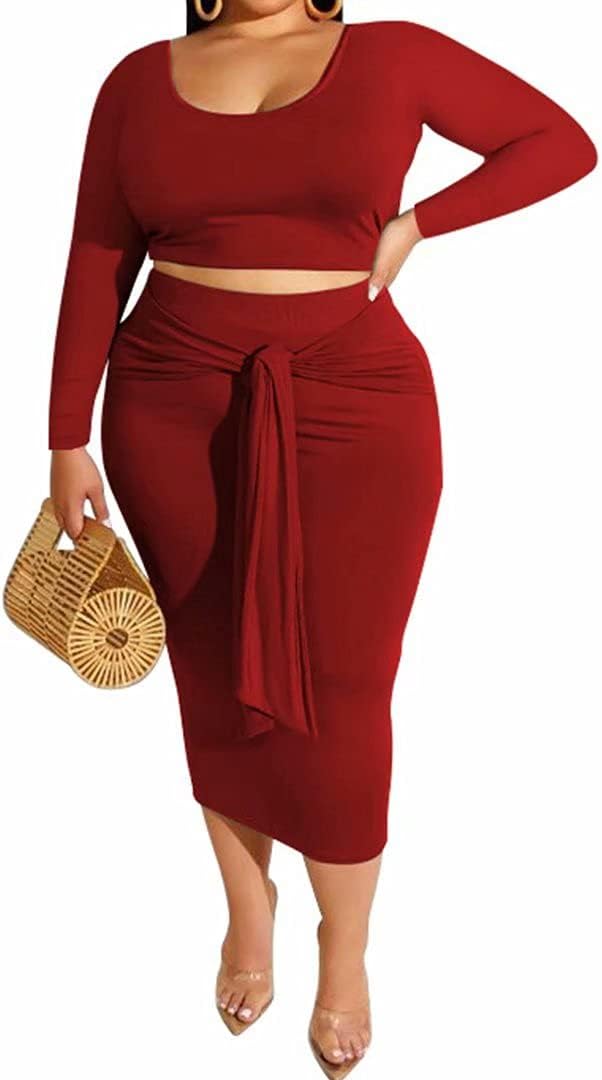 IyMoo Womens Sexy Plus Size 2 Piece Midi Dresses Outfits - Long Sleeve Sweatshirt Crop Top Bodycon Skirts Set