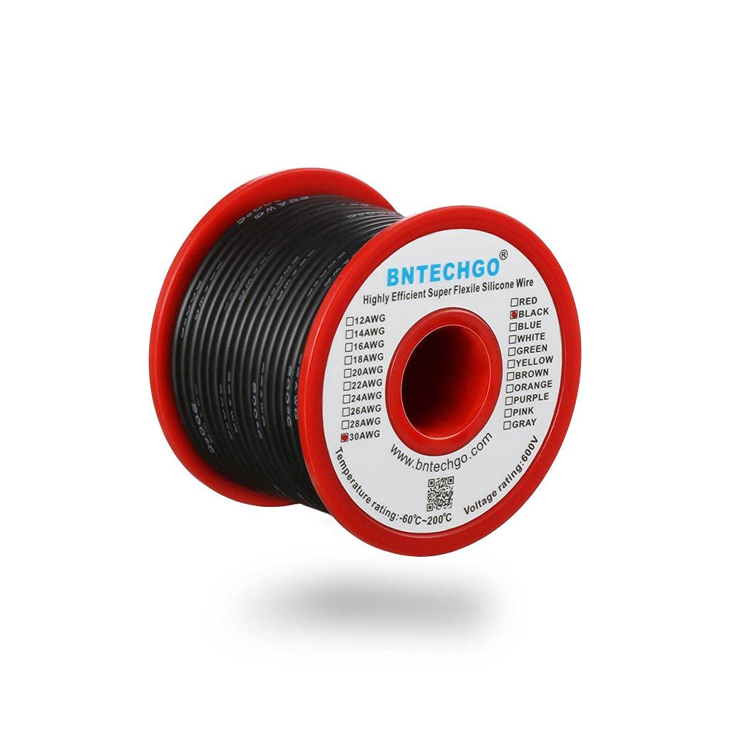 BNTECHGO 30 Gauge Silicone Wire Spool Black 50 feet Ultra Flexible High Temp 200 deg C 600V 30 AWG Silicone Rubber Wire 11 Strands of Tinned Copper Wire Stranded Wire for Model Low Impedance