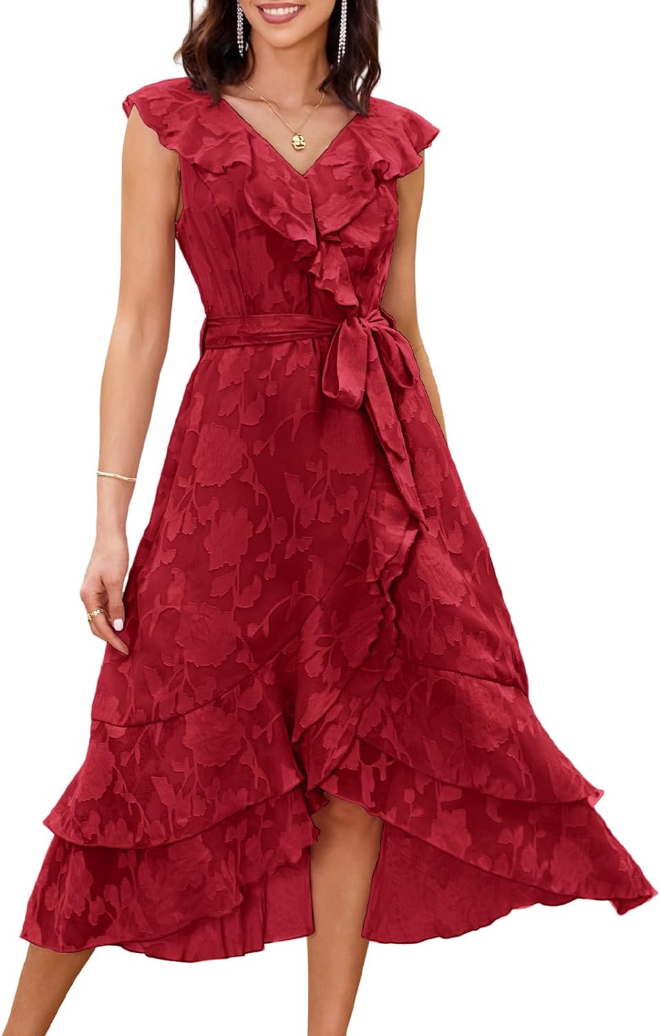 GRACE KARIN Women's Summer Bridesmaid Dresses for Wedding V Neck Ruffle Party Cocktail Dresses Chiffon Flowy Wrap Dress