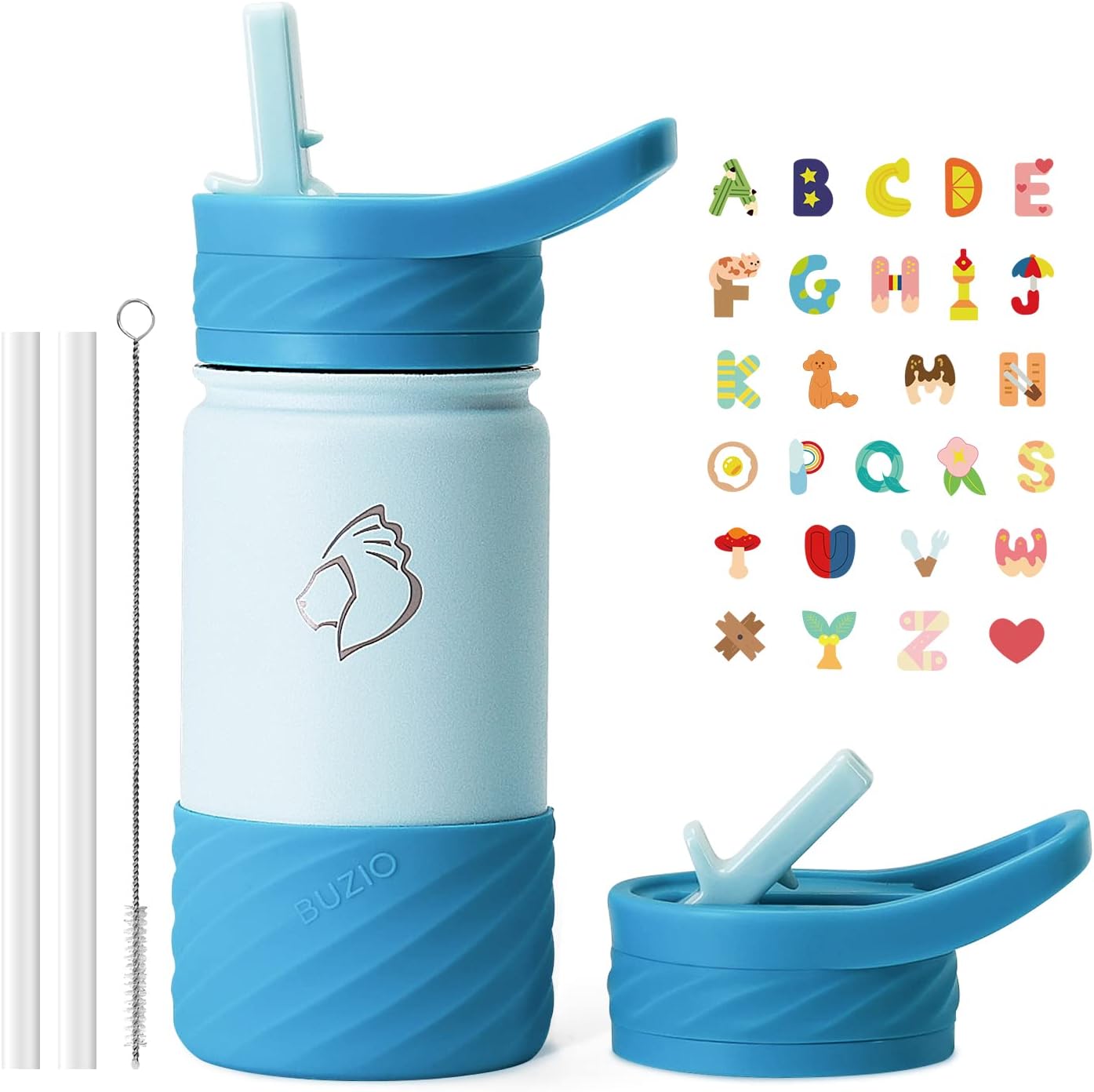 BUZIO Kids Insulated Water Bottle with Silicone Boot and Straw, 14oz Stainless Steel Double Walled Water Tumbler Travel Cup with Stickers, Thermo Mug Metal Canteen for School