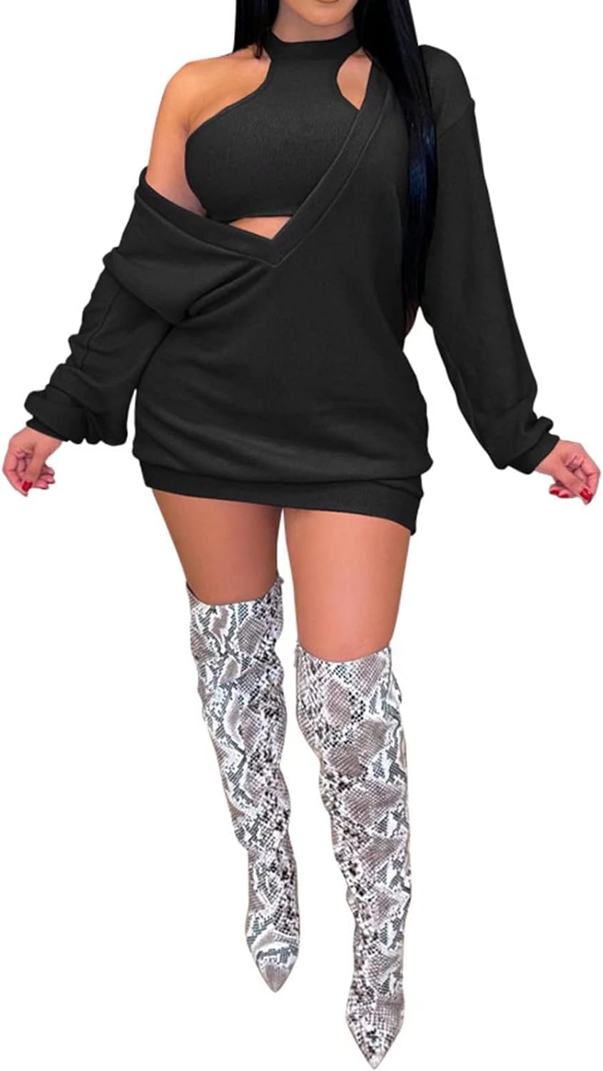 Womens Sexy 2 Piece Sweater Dress Outfits Long Sleeve V Neck Sweatshirt Dress & Tank Crop Tops Sets Sweatsuit