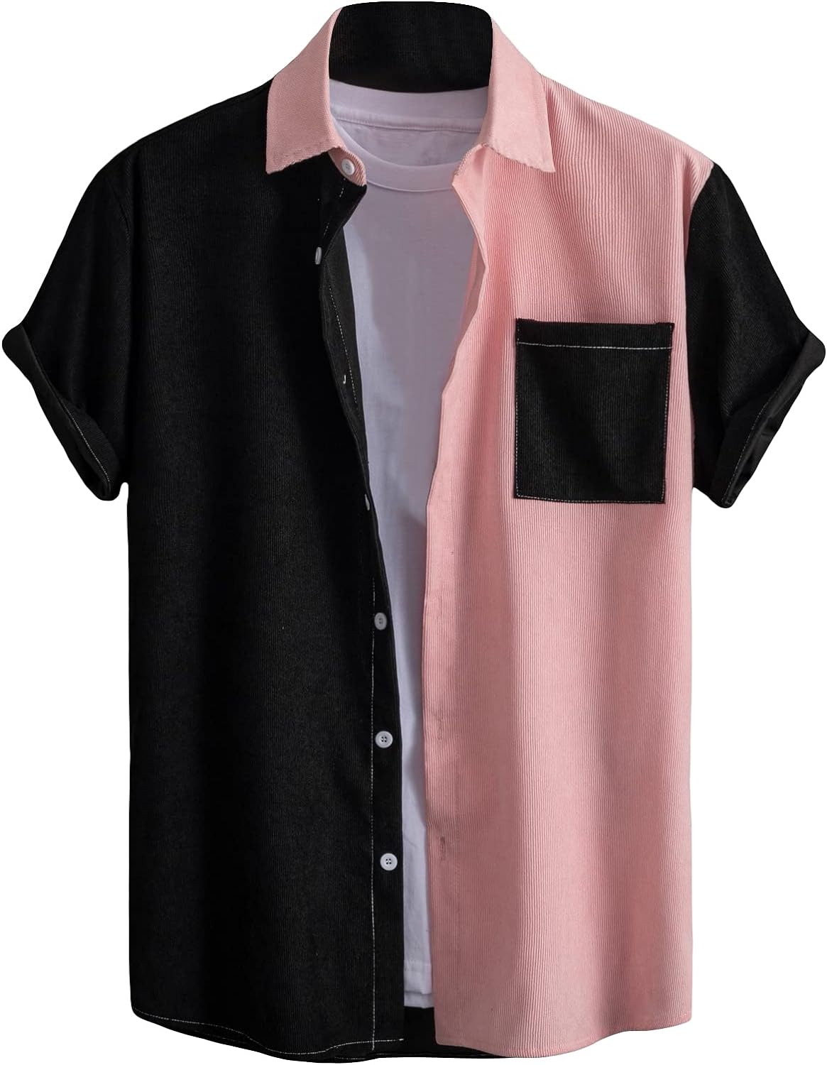 Milumia Camisa casual con botones para hombre, con bolsillo, manga corta, cuello de bloque de color, blusa