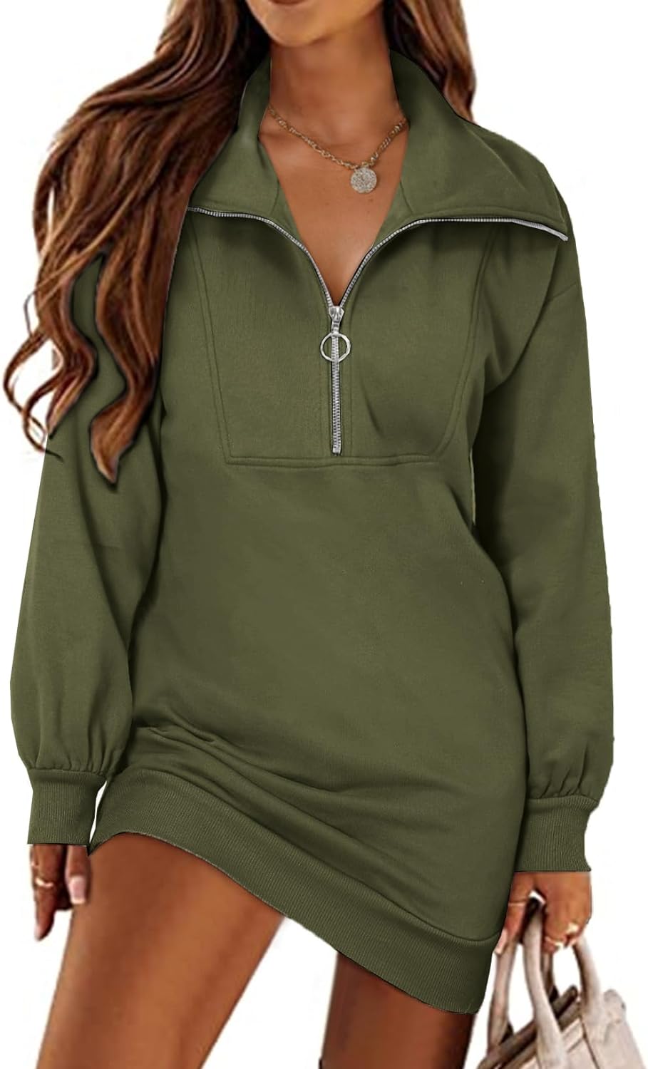 AlvaQ Women Sweatshirt Dress Fall Winter Casual Lapel Half Zip Oversized Pullover Tunic Sweateshirts Tops