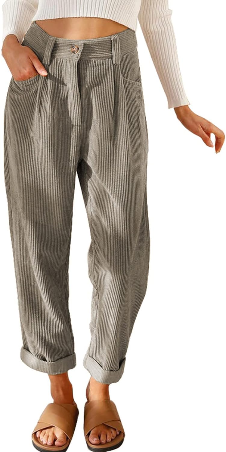 EVALESS Fall Winter Corduroy Pants for Women Fashion 2023 Work Business Casual High Waisted Straight Leg Ankle Cotton Pants Loose Comfy Retro Cropped Trousers with Pockets Khaki03 Size US 16, A