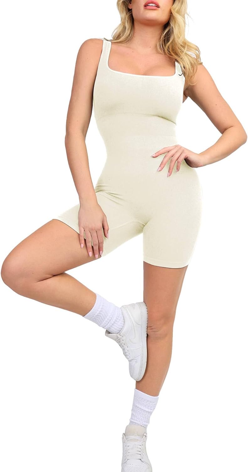 Popilush Jumpsuits for Women Built-In Sports Bra Ribbed Tank Rompers Tummy Control Sleeveless Square Neck Workout Sets
