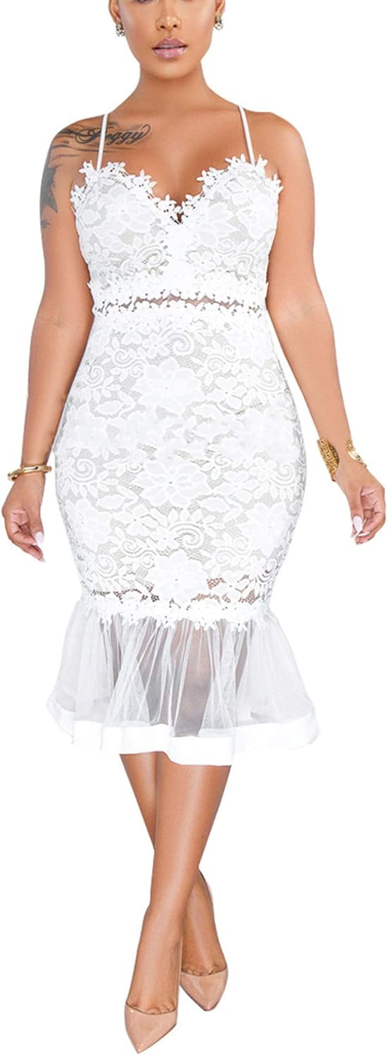 Womens Sexy Lace Dress V Neck Spaghetti Strap Hollow Out Bodycon Midi Skirt
