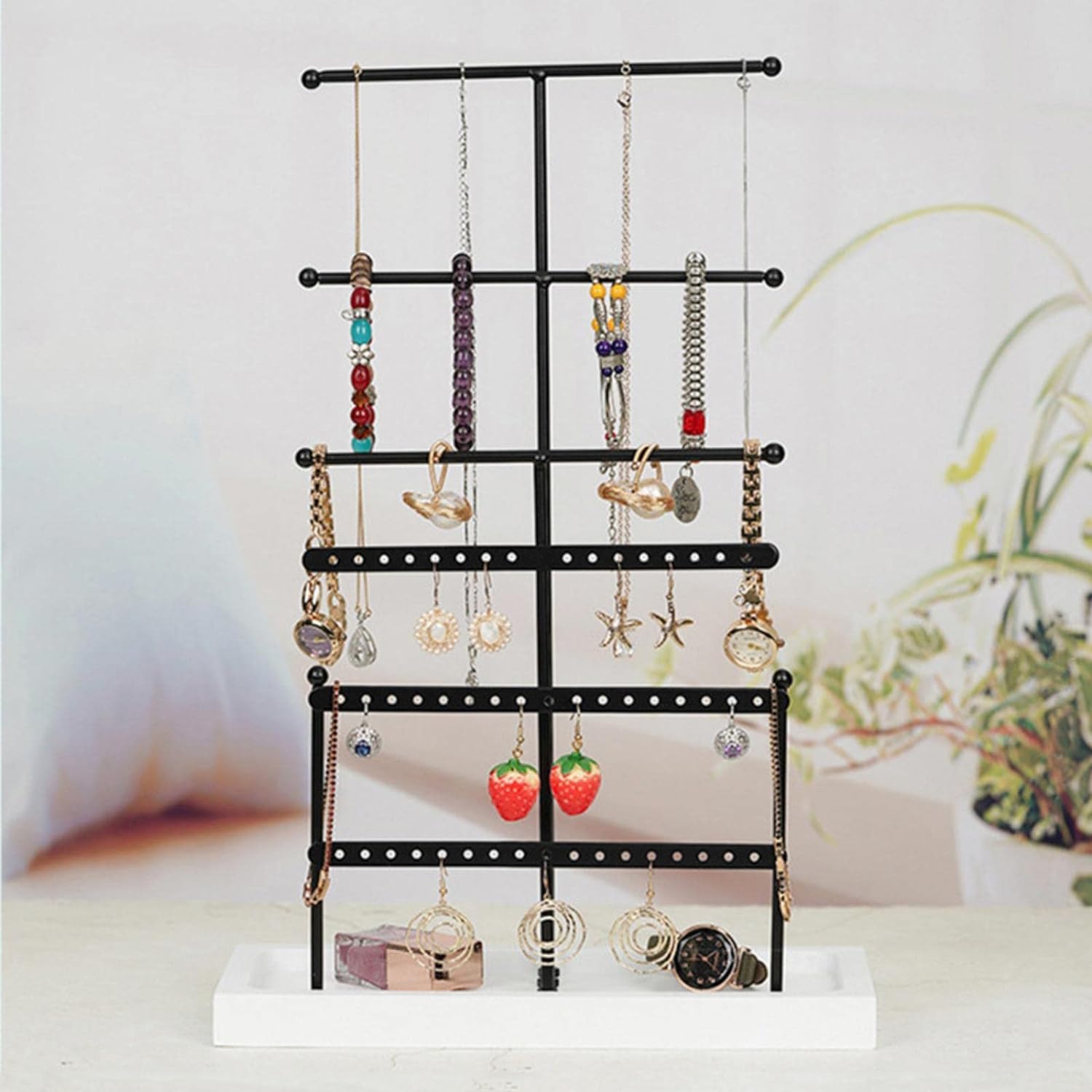 ProJoyJoy Jewelry Organizer Stand Necklace Holder,6 Tier Necklace Tree Holder Removable,Long Necklaces Earrings Bracelets Jewelry Storage Rack with Tray and Holes,Suitable for Dresser (Black)