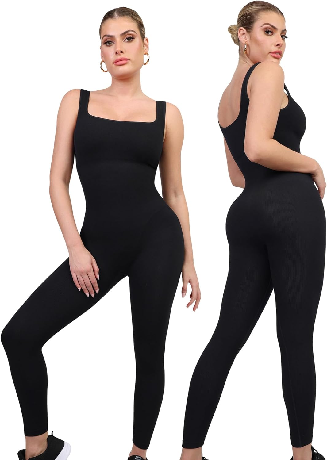Popilush Jumpsuits for Women Built-In Sports Bra Ribbed Tank Rompers Tummy Control Sleeveless Square Neck Workout Sets
