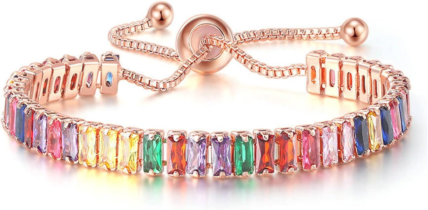 HYXITVCG 14K Rose Gold Plated Classic Tennis Bracelet for Women Girls Length Adjustable Slider Women Bracelet Inlaid Sparkle Cubic Zirconia Cut AAA+ Cubic Zirconia, Colorful Tennis Bracelet.