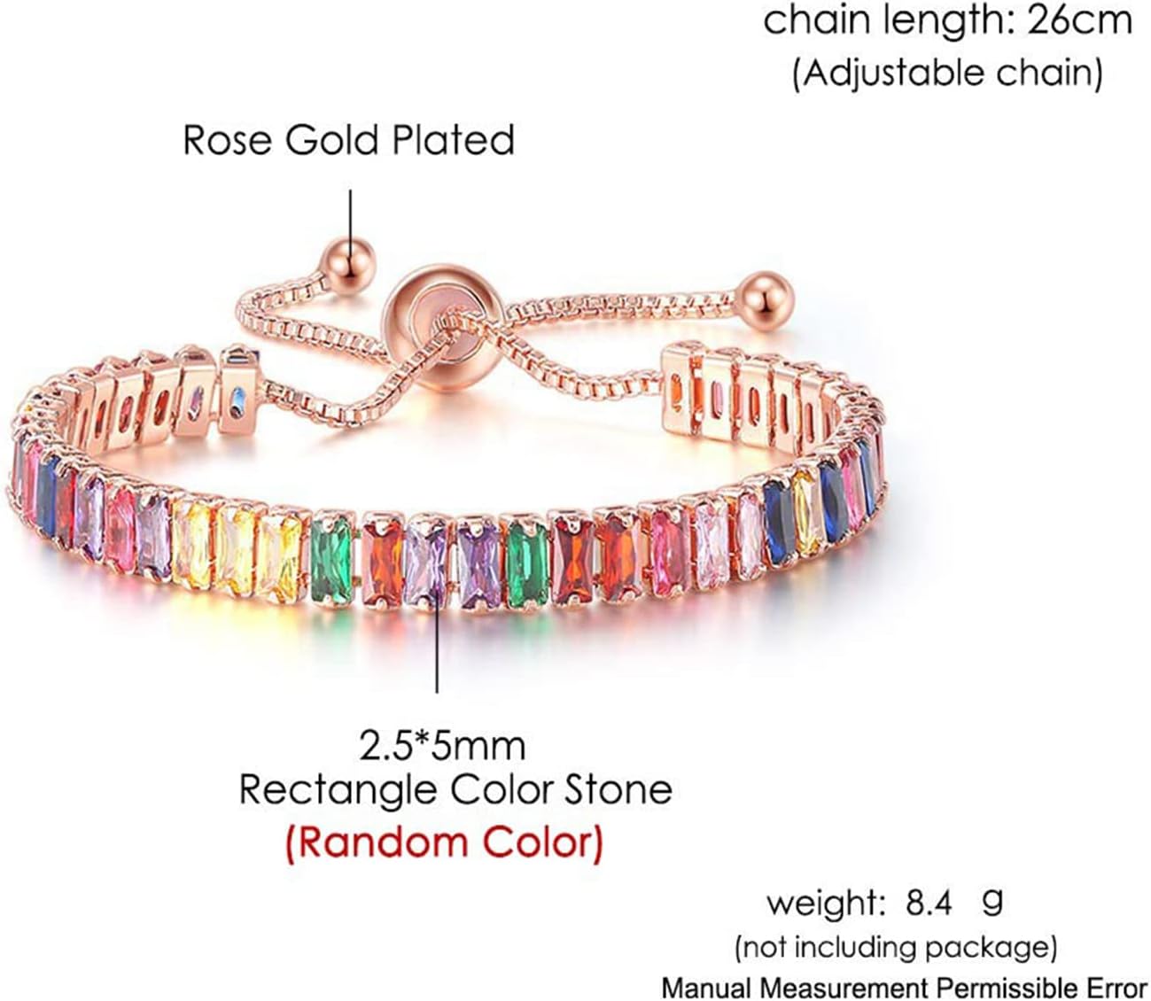 HYXITVCG 14K Rose Gold Plated Classic Tennis Bracelet for Women Girls Length Adjustable Slider Women Bracelet Inlaid Sparkle Cubic Zirconia Cut AAA+ Cubic Zirconia, Colorful Tennis Bracelet.