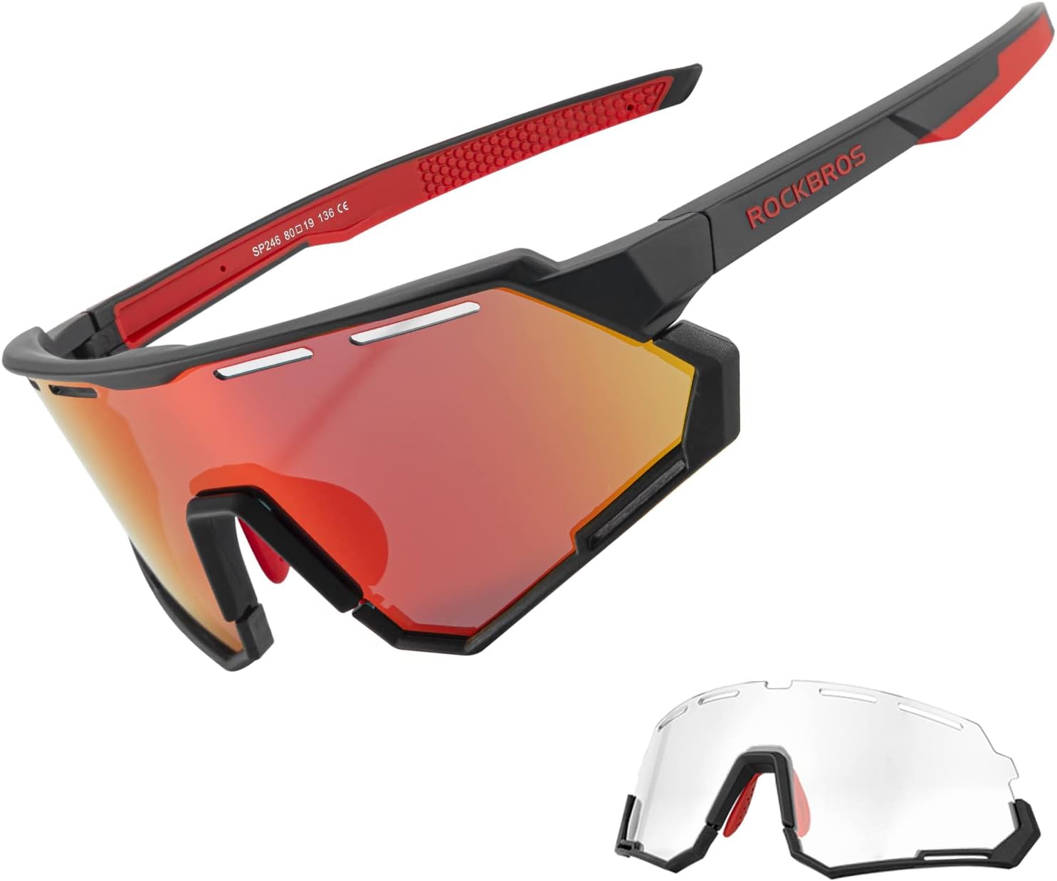 ROCKBROS Mountain Bike Glasses for Men Cycling Glasses with Interchangeable Polarized + Photochromic Lenses Sport Sunglasses, Black-red, Medium