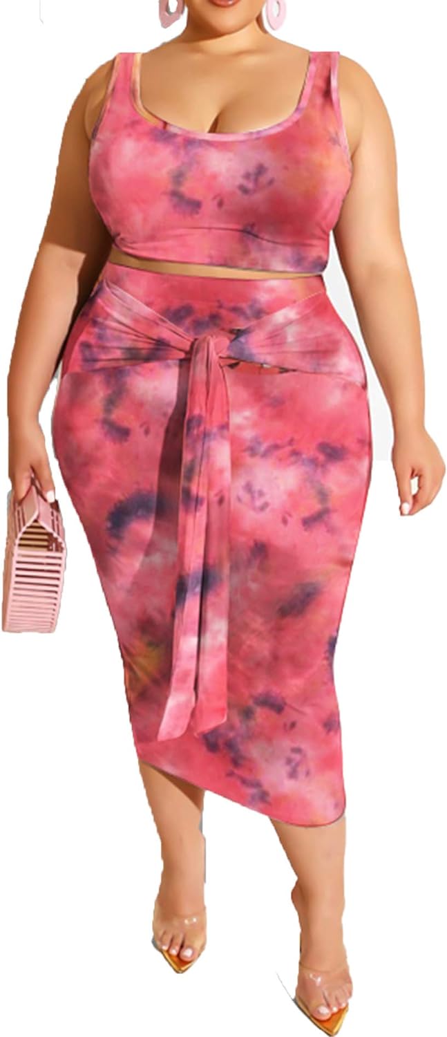 IyMoo Womens Sexy Plus Size 2 Piece Midi Dress Outfits - Sleeveless Tie Dye Print Tank Crop Top Bodycon Skirts Set