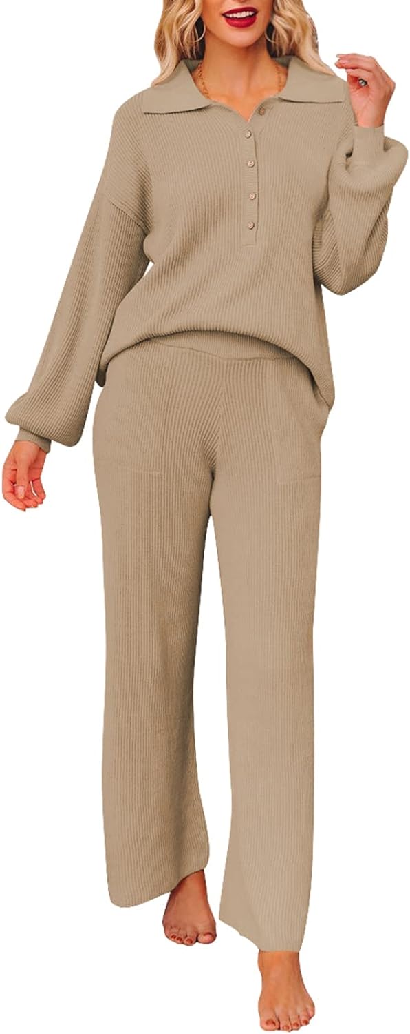 Pink Queen Women's 2 Piece Outfit Sweater Set Long Sleeve Button Knit Pullover Top Wide Leg Pants Pocket Sweatsuit
