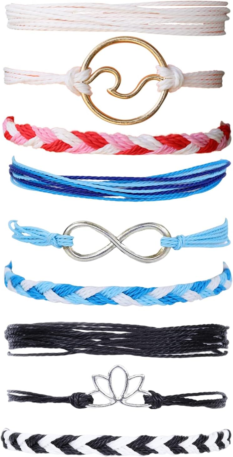 9Pcs Surfer Wave Bracelets Summer Beach Bracelets for Teen Girls Adjustable Waterproof Handmade Bracelets Braided String Bracelets Friendship Bracelets Boho Wave Anklet Bracelets for Women Teen Girls
