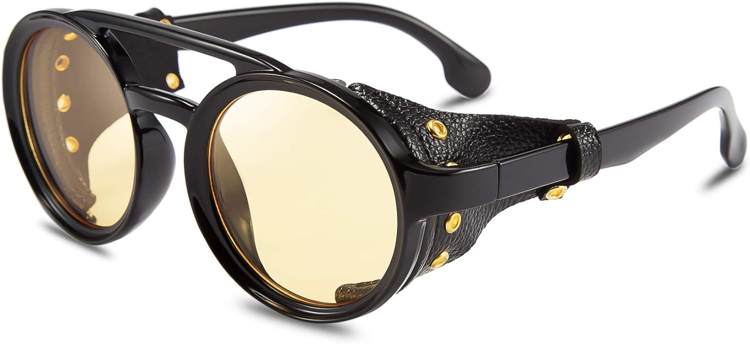 FEISEDY Retro Round Steampunk Sunglasses Women Men Vintage Eyewear Light Plastic Frame with Leatherwear B2532