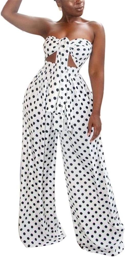 LKOUS Women Summer Elegant Spaghetti Strap Sleeveless Polka Dot Print One-piece Loose Wide Leg Pants Jumpsuits Romper