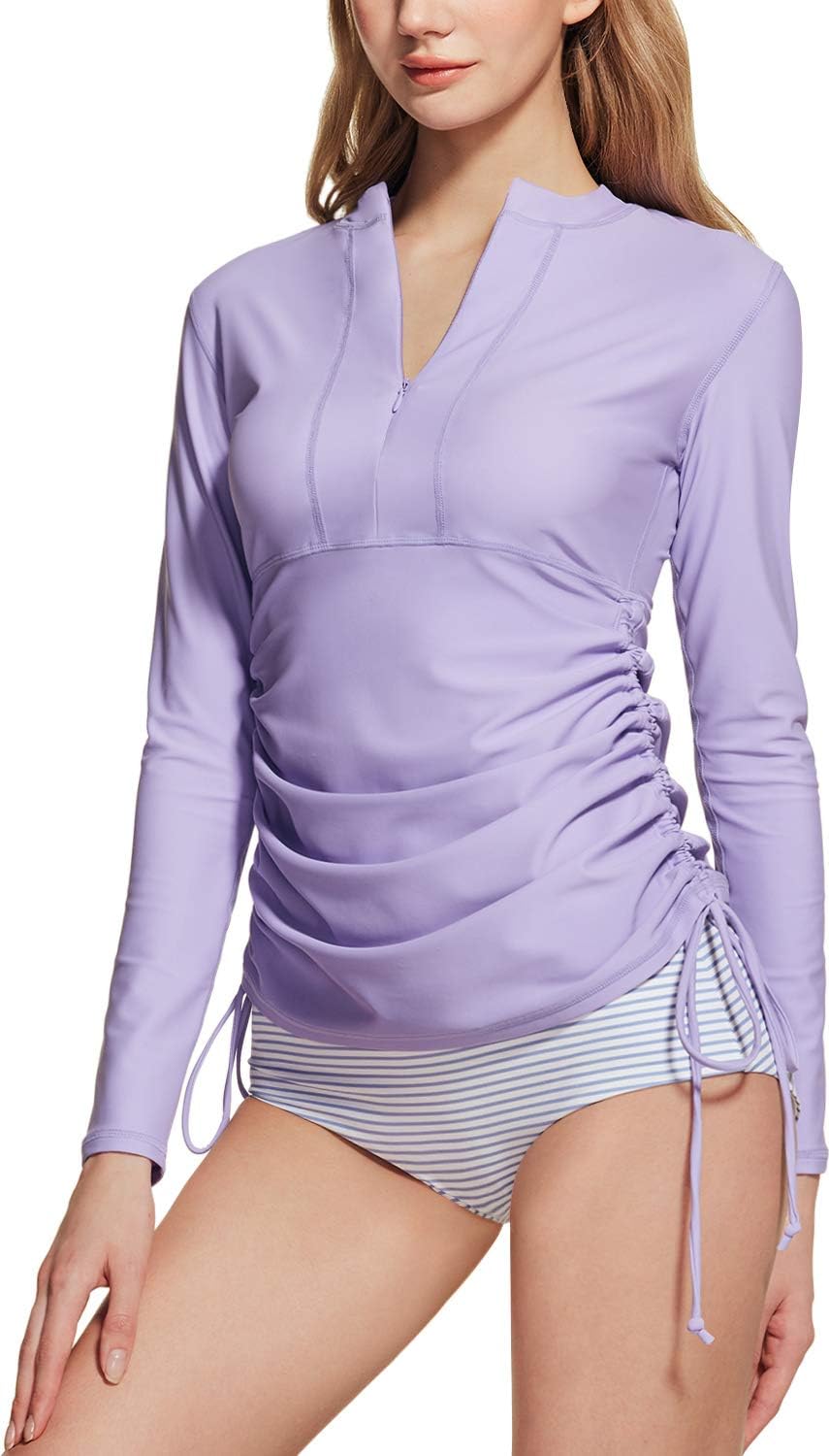 TSLA Women's Half-Zip Front Rash Guard, UPF 50+ Side Adjustable Long Sleeve Swim Shirts
