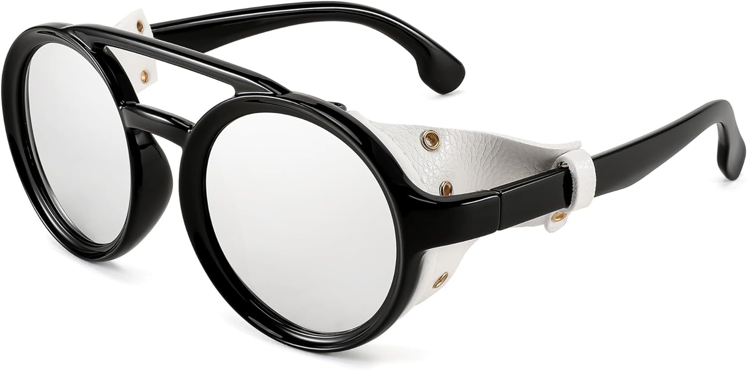 FEISEDY Retro Round Steampunk Sunglasses Women Men Vintage Eyewear Light Plastic Frame with Leatherwear B2532