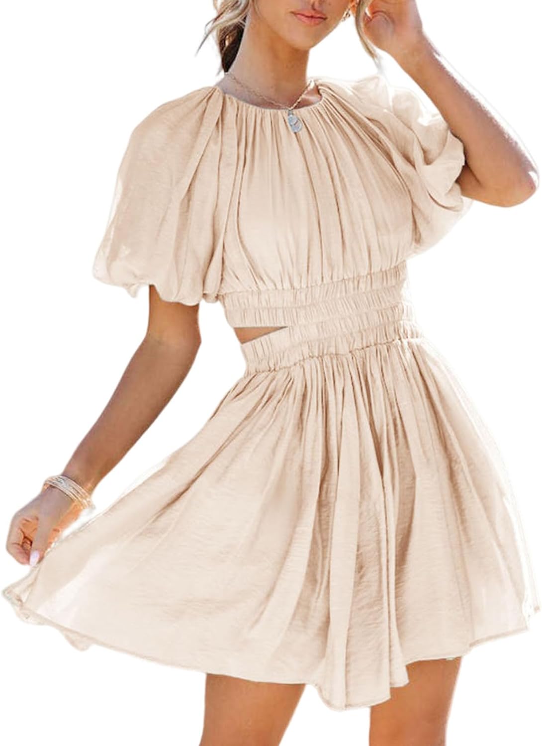 AlvaQ Women Summer Crewneck Cut Out Dresses Casual Puff Sleeve Swing A Line Short Mini Dress with Pockets