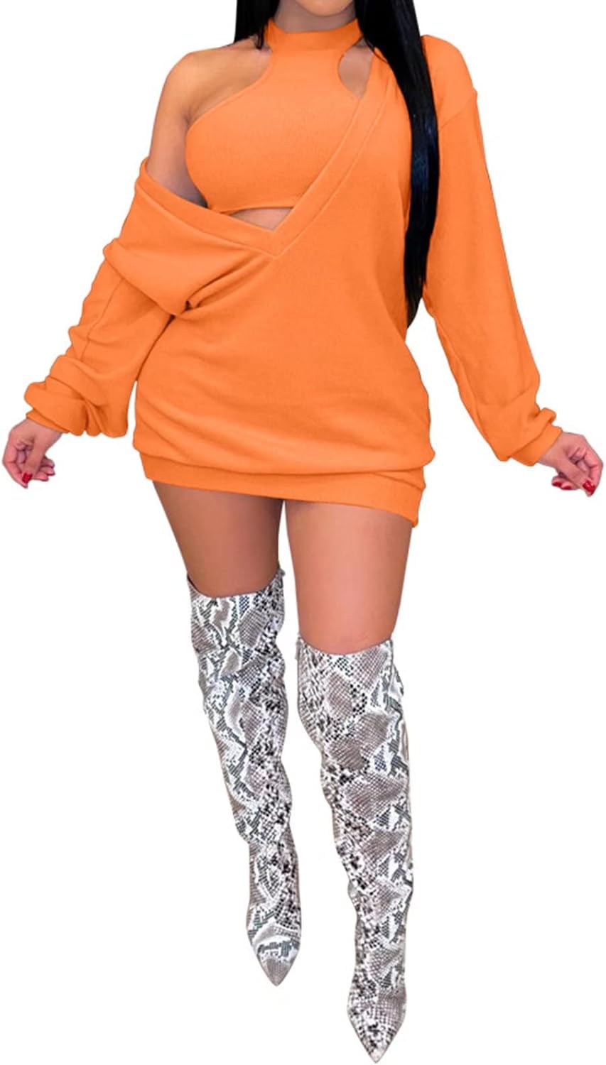 Womens Sexy 2 Piece Sweater Dress Outfits Long Sleeve V Neck Sweatshirt Dress & Tank Crop Tops Sets Sweatsuit