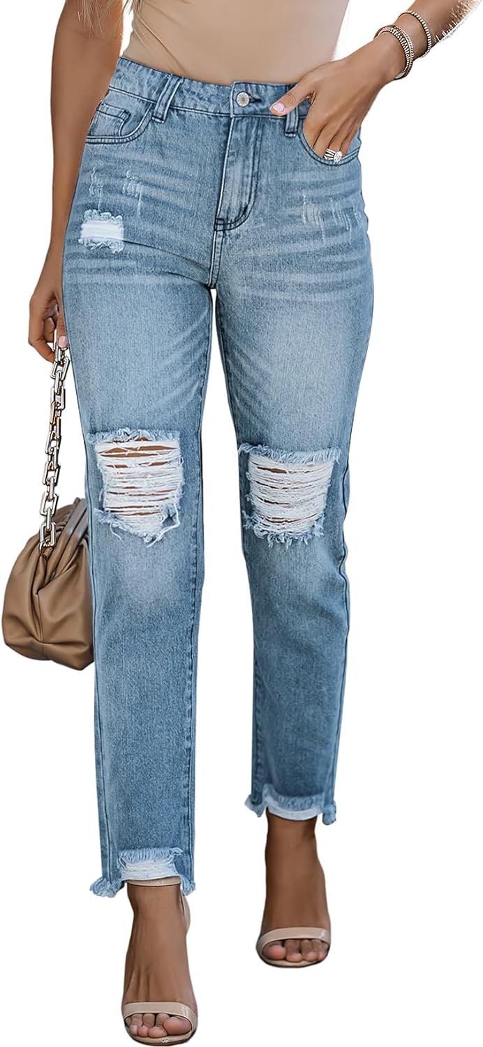 EVALESS Women Stretchy Ripped Distressed Straight Leg Boyfriend Skinny Jeans, Sky Blue, 16