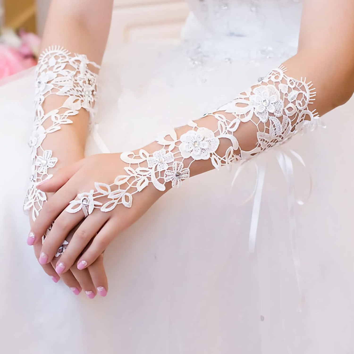 HomeSoGood Lace Bridal Gloves,Fingerless Long Wedding Gloves, Flower Tulle Bridal Gloves, Wedding Accessories