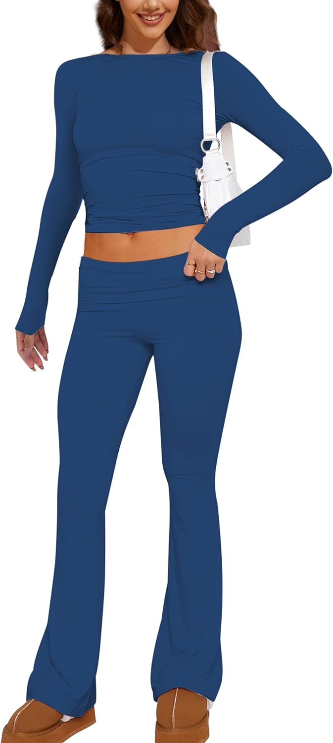 MISSACTIVER Women's Two Piece Outfit Basic Long Sleeve Crop Top and Low Rise Flare Pants Set Lounge 2 Piece Yoga Tracksuit