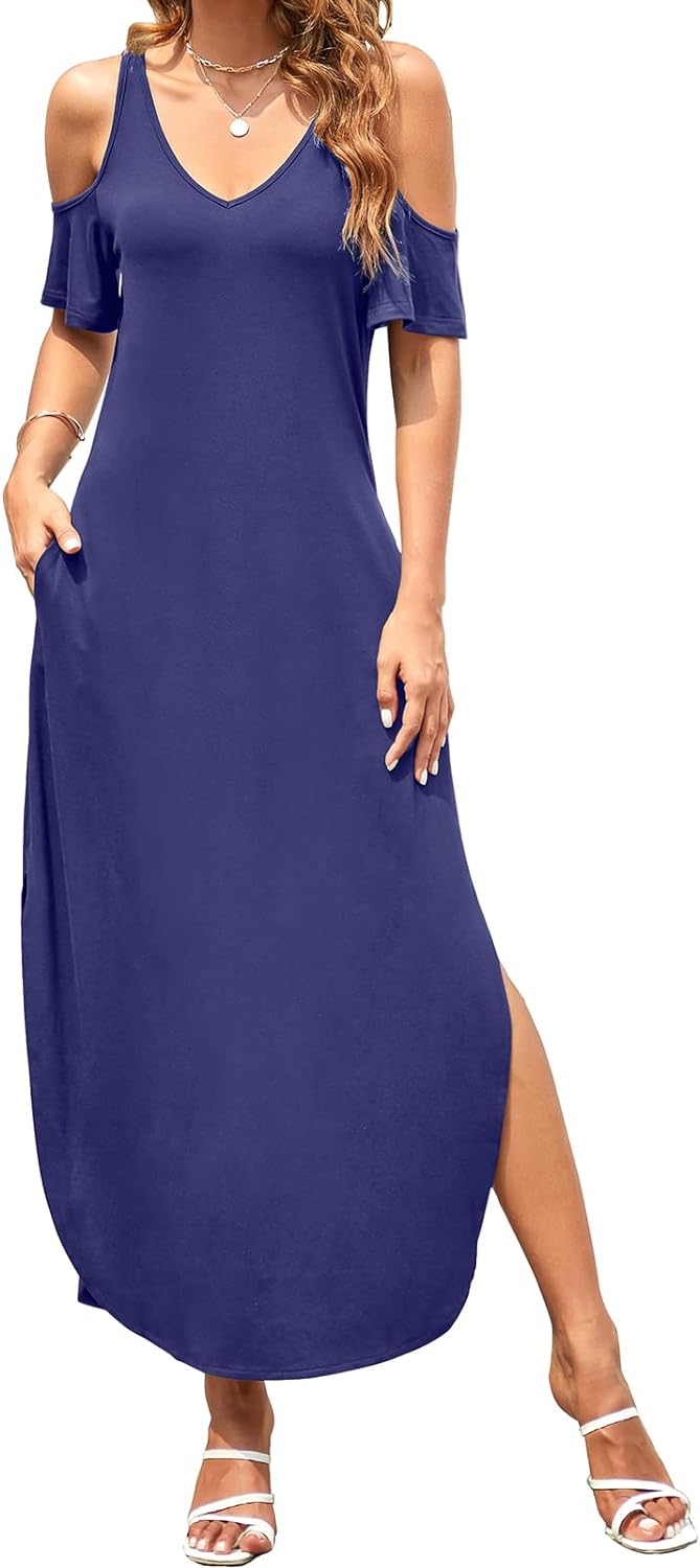HUSKARY Women's Summer Maxi Dresses V Neck Cold Shoulder Short Sleeve Casual Loose Long Split Dress with Pocket