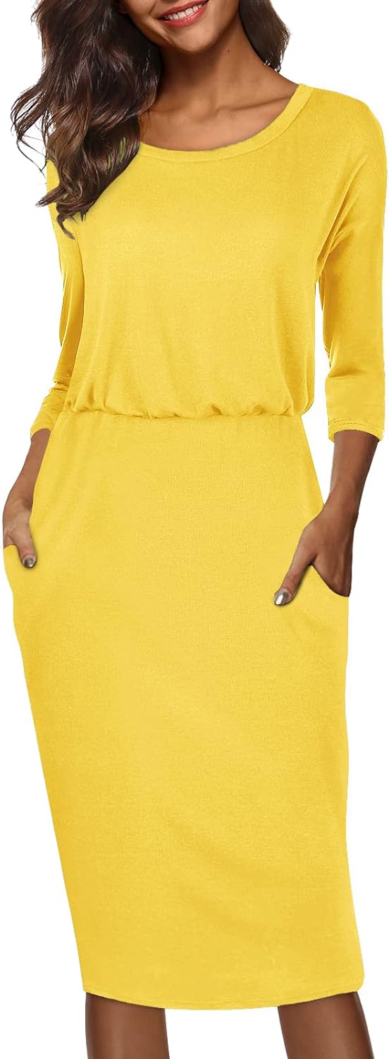 Moyabo Women's 3/4 Sleeve Round Neck Hips-Wrapped Casual Office Pencil Dress