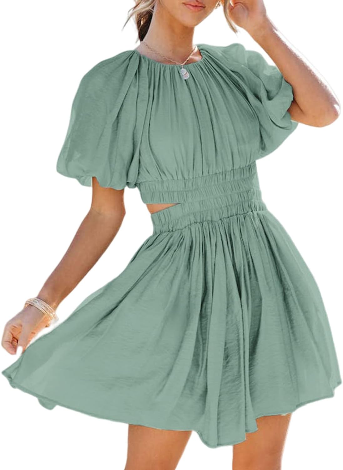 AlvaQ Women Summer Crewneck Cut Out Dresses Casual Puff Sleeve Swing A Line Short Mini Dress with Pockets