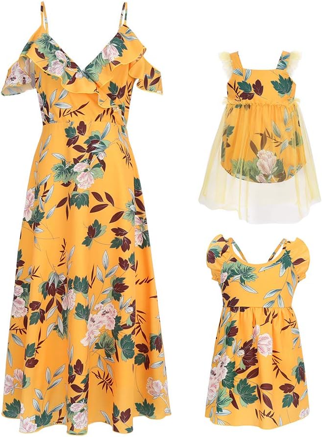 PopReal Mommy and Me Dresses Floral Print Cold Shoulder Ruffle Backless Strap Romper Beach Midi Dress Summer
