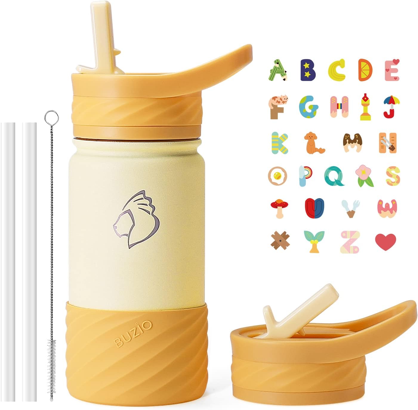BUZIO Kids Insulated Water Bottle with Silicone Boot and Straw, 14oz Stainless Steel Double Walled Water Tumbler Travel Cup with Stickers, Thermo Mug Metal Canteen for School