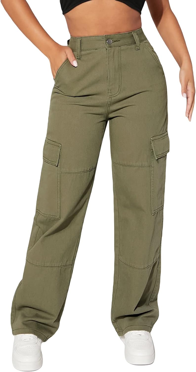 MakeMeChic Women's Cargo Jeans High Waist Flap Pocket Straight Leg Denim Pants