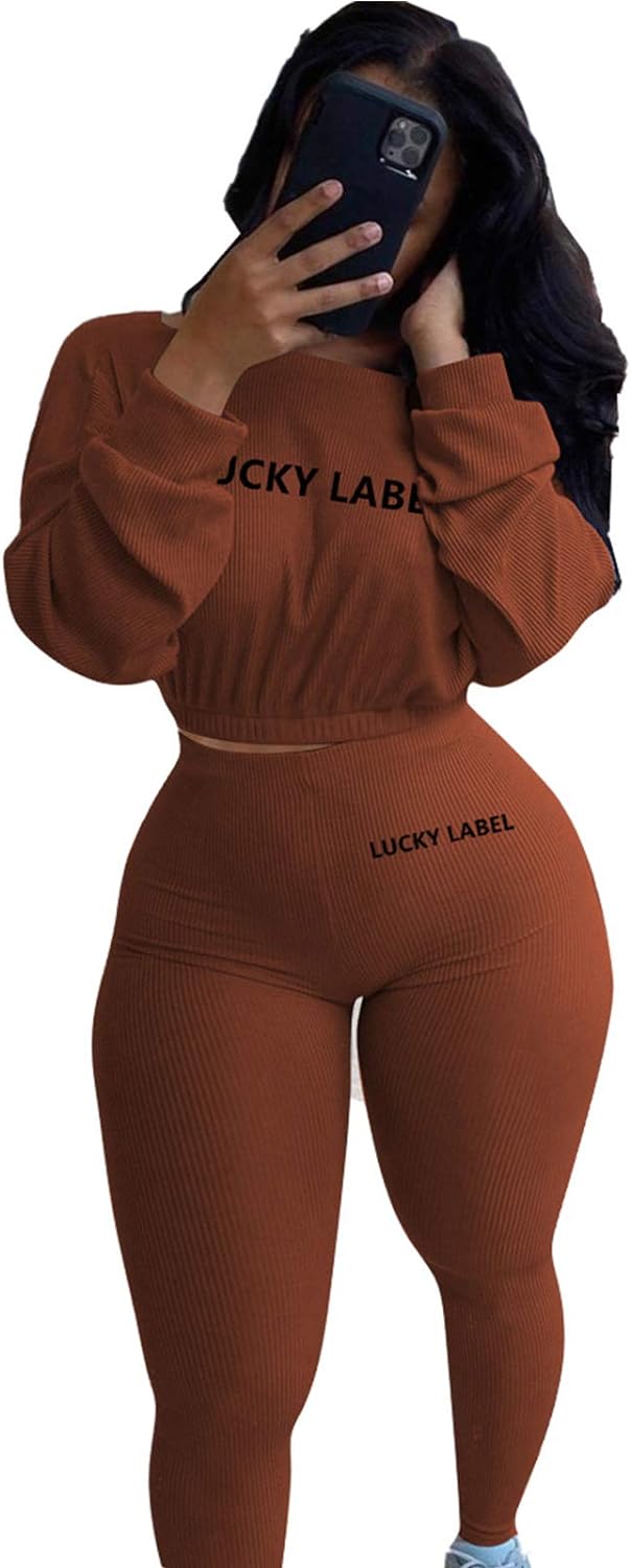 IyMoo Women 2 Piece Outfits Sweatsuit Set - Long Sleeve Ribbed Crop Top + Skinny Long Pants Tracksuit Jogger Set