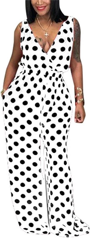 LKOUS Women Summer Elegant Spaghetti Strap Sleeveless Polka Dot Print One-piece Loose Wide Leg Pants Jumpsuits Romper