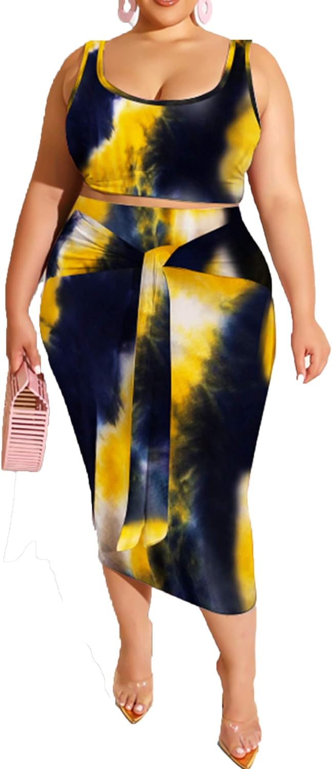 IyMoo Womens Sexy Plus Size 2 Piece Midi Dress Outfits - Sleeveless Tie Dye Print Tank Crop Top Bodycon Skirts Set