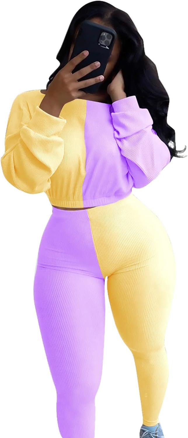 IyMoo Women 2 Piece Outfits Sweatsuit Set - Long Sleeve Ribbed Crop Top + Skinny Long Pants Tracksuit Jogger Set