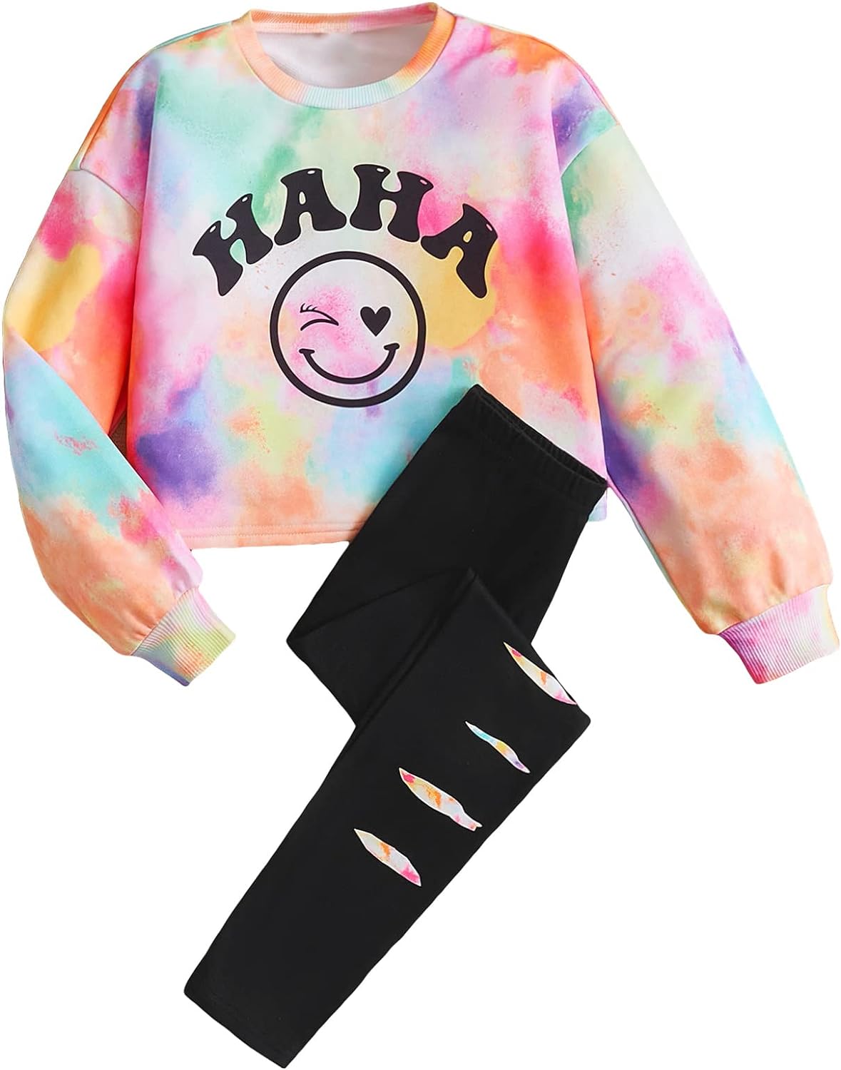 SOLY HUX Girl's Tie Dye Cartoon Letter Graphic Long Sleeve Pullover Sweatshirt with Ripped Leggings 2 Piece